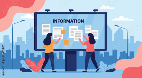 Two women looking at an information billboard with various documents and notices posted on it in a modern city setting.