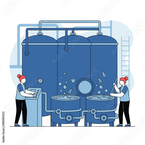 Brewery Production Process with Workers and Tanks.
