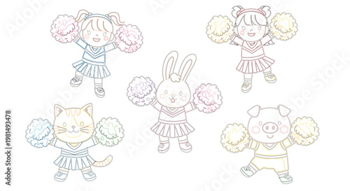 Cute kawaii cheerleader characters and animals vector set with girls cat bunny and pig holding pom poms for kids sports design