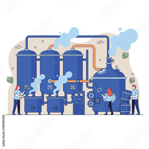Brewery Production Process with Workers and Equipment.