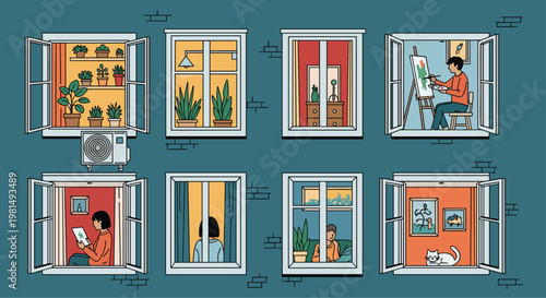 Cross section view of an apartment building facade showing various neighbors engaged in different hobbies inside their rooms.