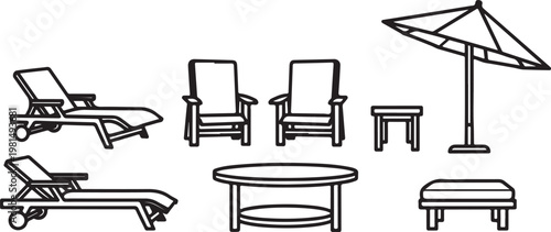 A collection of vintage chairs and tables drawn in simple black ink Vector