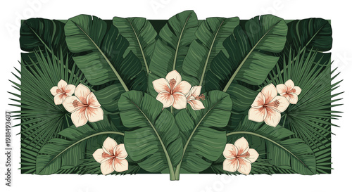 Symmetrical arrangement of lush tropical green banana leaves and delicate hibiscus flowers for a botanical nature design.