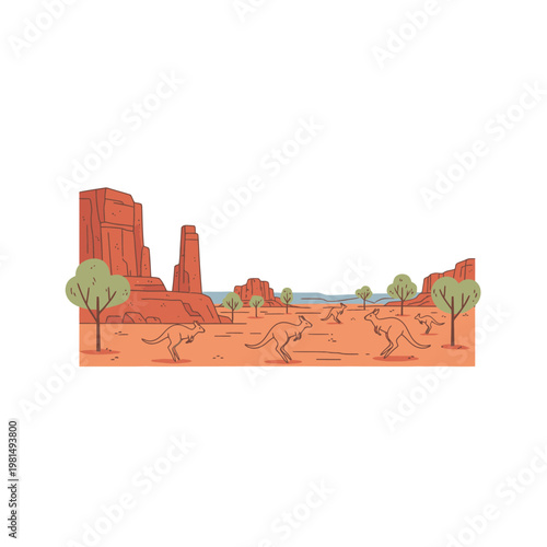 Cartoon Kangaroo Family Hopping Across Australian Outback Landscape.