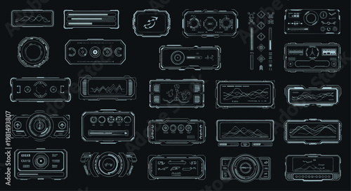 Huge set of futuristic head up display elements with various digital frames, data charts, and high tech interface symbols.