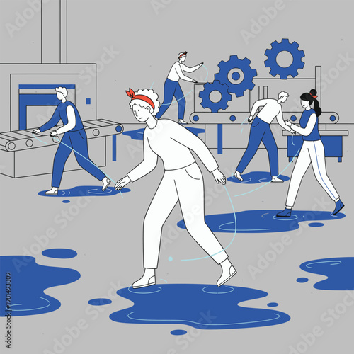 Woman navigating through industrial obstacles with determination.