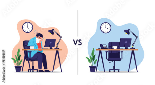 Side by side comparison showing a sick man working at his computer versus an empty desk during a necessary sick leave.