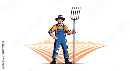 Strong farmer wearing a hat and overalls standing confidently in a wide agricultural field while holding a large pitchfork.