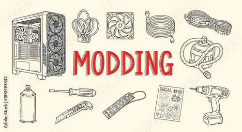 Handdrawn Sketch of Computer hardware modding and tools.set 