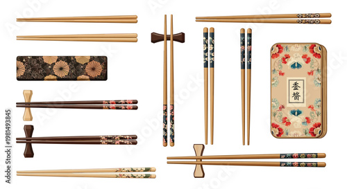 Collection of traditional Japanese wooden chopsticks, decorated cases, and ceramic rests displayed against a white background.