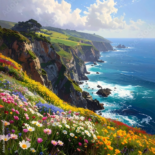 A vibrant cliffside meadow with colorful flowers overlooking a vast ocean