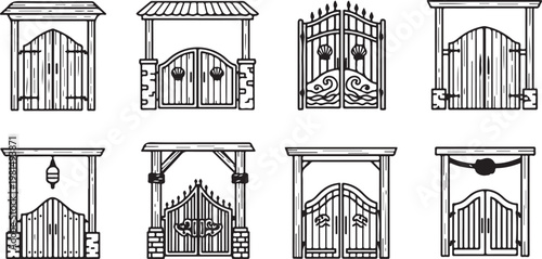 Various styles of front gates and fences in black and white illustrations Vector