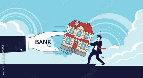 Business concept showing a large bank hand pushing away a house while a man tries desperately to stop the foreclosure.