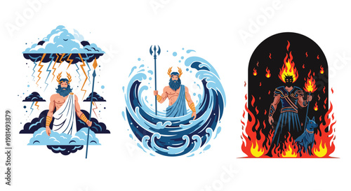 Dramatic illustrations of the three major Greek gods Zeus, Poseidon, and Hades with their symbolic elements and backgrounds.