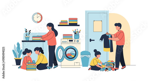 Happy family members working together to complete laundry tasks by washing and folding clean clothes in a bright home laundry room.