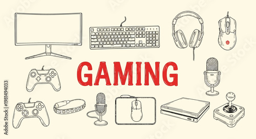 Handdrawn Sketch of Gaming setup with various devices.