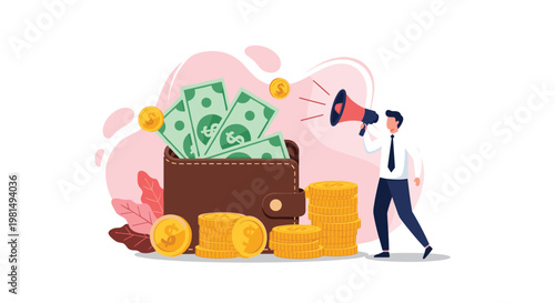Professional man using a megaphone to announce financial savings and wealth growth with a large wallet and golden coins on background.