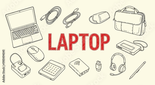 Laptop computer and accessories illustration.