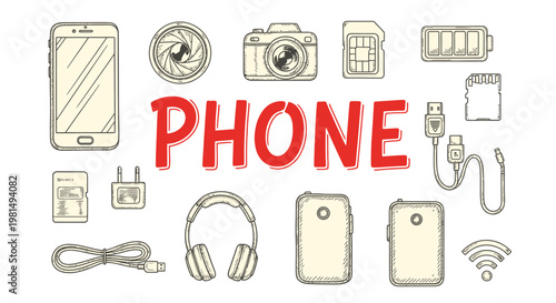 Handdrawn Sketch of  Mobile phone accessories and technology.