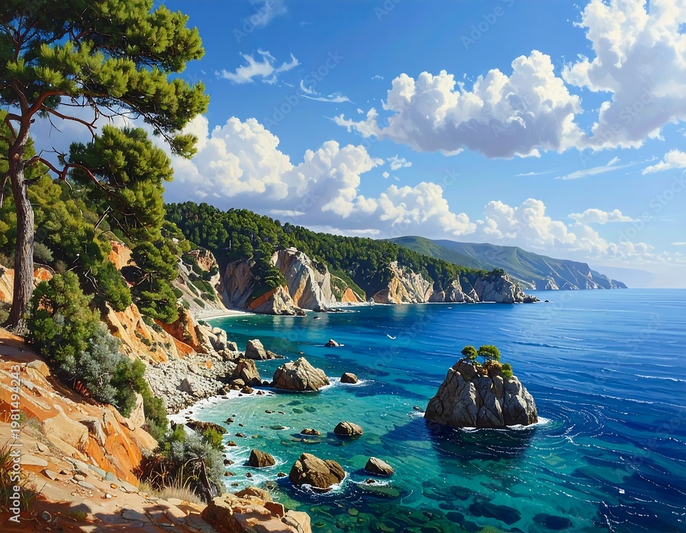 Fototapeta premium A serene coastal landscape with clear turquoise waters and rugged cliffs