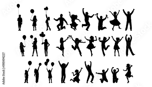 A group of happy people jumping and celebrating with balloons in a joyful scene