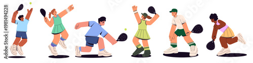 Flat vector illustration set of people playing padel in different poses, showing action, movement, and gameplay. Perfect for concepts of sports activity, recreation, training, fitness, and active life