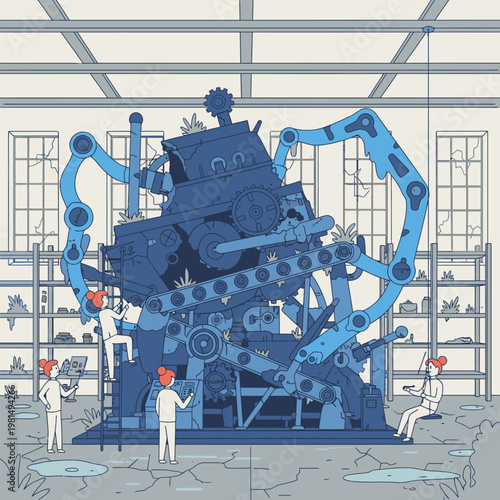 Complex Blue Machine Assembly with Robotic Arms and Workers.