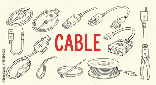 Variety of electronic cables and connectors.
