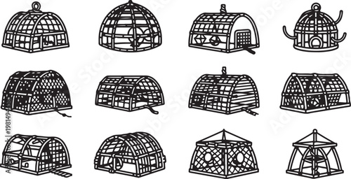 Collection of vintage wire ball cages with wooden perches and accessories Vector