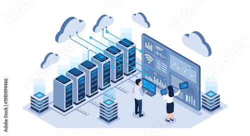 Two business people working on server.