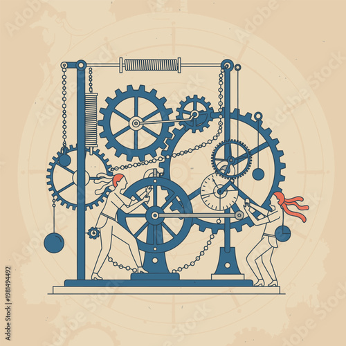 Complex Machine Operated by Two People Working Together.