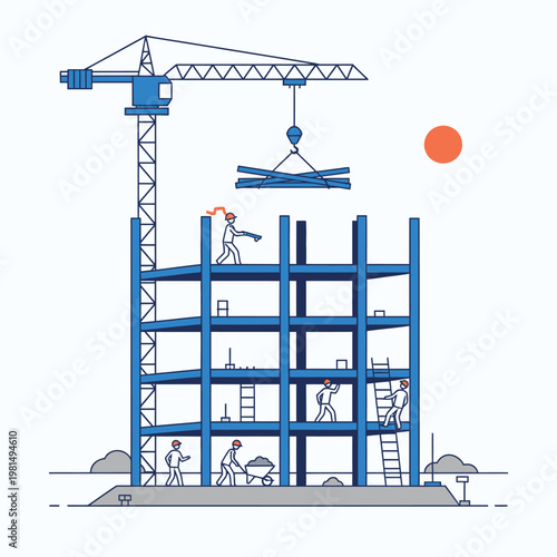 Construction of a multi-story building with crane and workers.