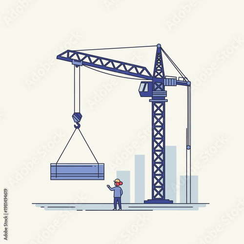 Construction Crane Lifting Heavy Load with Worker Overseeing.