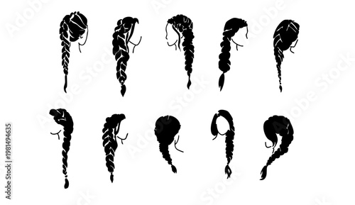 A collection of black silhouettes of various braided hairstyles on a white background