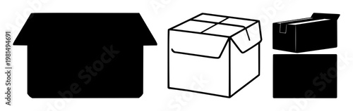 Delivery box parcel icon set with solid black fill and minimalistic design featuring shipping, package, cardboard with goods and commerce