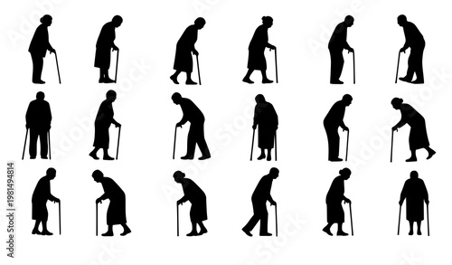 Minimal elderly people silhouette icon set cane walking senior healthcare vector isolated on white background