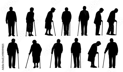 Senior people silhouettes walking with cane geriatric care concept vector isolated on white