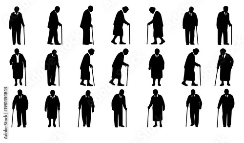 Elderly people silhouette set walking with cane geriatric healthcare vector isolated on white background