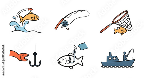 Fishing Icons Set: Catching Fish, Rod, Net, Hook, Boat, and Jumping Fish