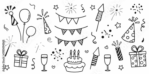 Hand drawn doodle set featuring festive party elements and celebratory decorations