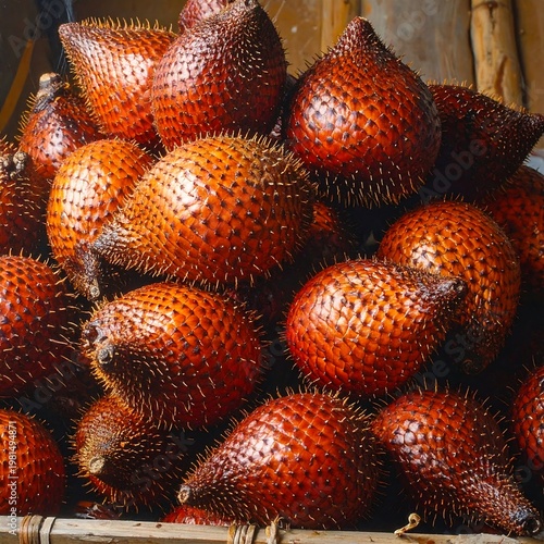 A vibrant pile of red and orange spiky fruits