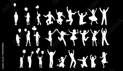 A group of white silhouettes of people jumping and celebrating on a black background