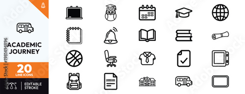 Collection of professional minimalist line icons for education school university and student academic journey themes.