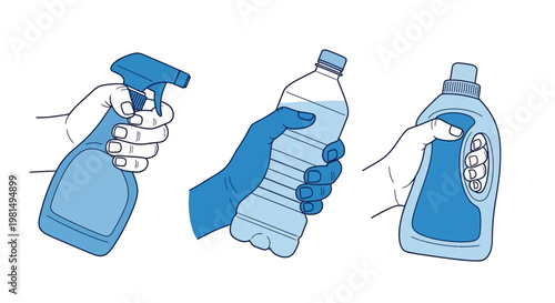 Hands holding cleaning spray bottle, water bottle, and detergent bottle