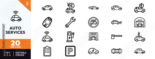 Professional automobile service and car maintenance outline icons for garage repair and vehicle transport systems.