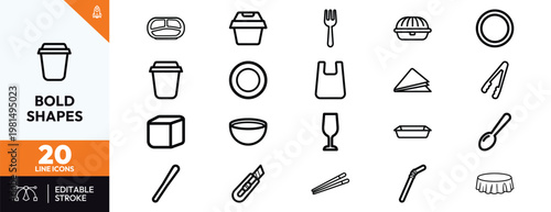 Collection of simple line icons representing food packaging delivery services and restaurant dining essential utensils