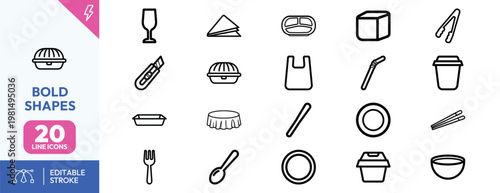 A comprehensive set of food packaging and takeaway service line icons for restaurant delivery branding