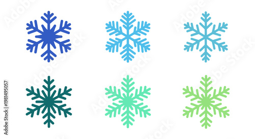 Set of Six Colorful Snowflakes Icons in Blue, Teal, and Green Tones