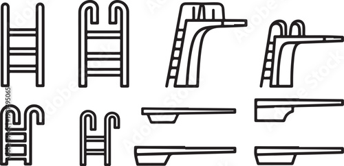 Simple line drawings of various types of chairs and benches Vector