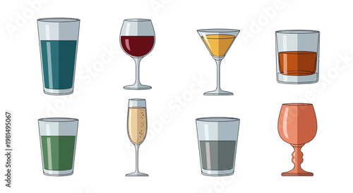 Set of Various Drink Glasses with Colorful Beverages